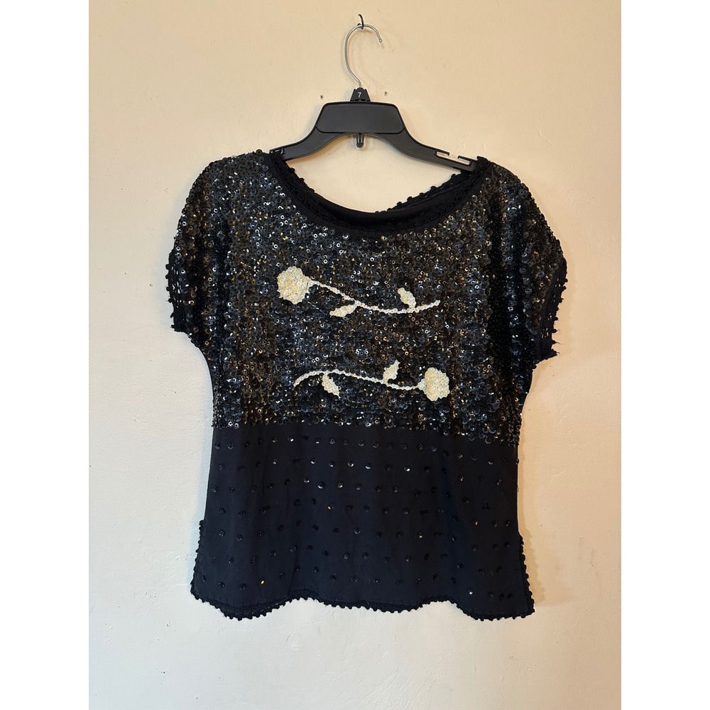 Vintage 90s‎ Black Sequin Rose Floral Top Crochet Trim Short Sleeve Party Blouse